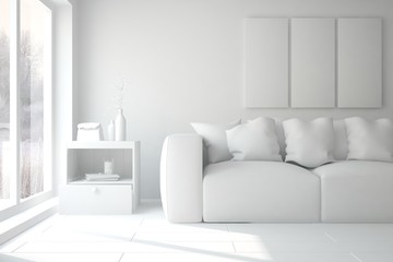White room with sofa. Scandinavian interior design. 3D illustration
