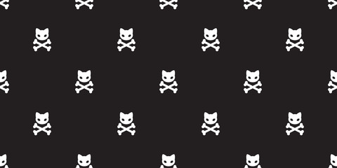 Cat seamless pattern vector pirated crossbones isolated icon kitten Halloween doodle background wallpaper