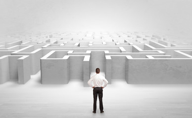 Businessman trying to decide which entrance to choose at the maze
