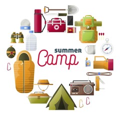 Summer camp vector posters of camping tools