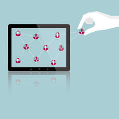 Social network concept design,hand holding a network icon into the tablet.