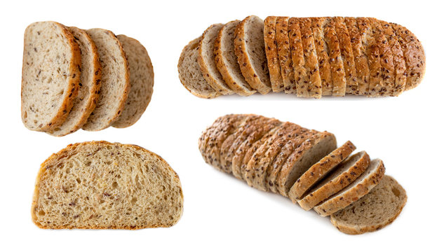 Top view of sliced wholegrain bread  isolated on white background closeup.