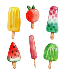 A set of summer ice cream, in a watercolor style.