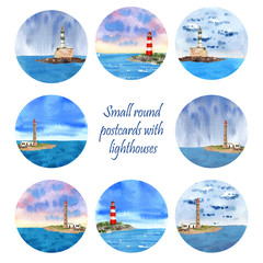 Watercolor lighthouse. Isolated objects on white background.