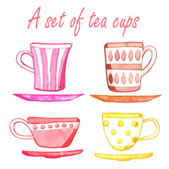 Set of tea cups, watercolor illustration.