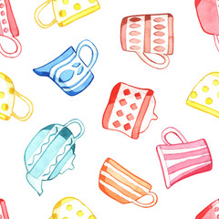 Seamless pattern with tea cups. Watercolor illustration.