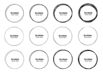Set of 12 Hand Drawn Scribble Circles, vector logo design elements. Vector illustration.