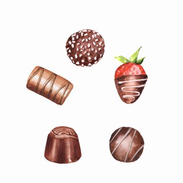 Chocolate candies, isolated on white background. Watercolor set