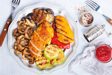 chicken barbecue and grilled vegetables
