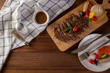 Rib eye steak  with  black pepper sauce