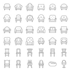 Sofa and chair, thin line icon set