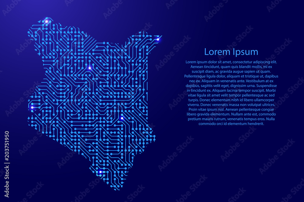 Fototapete map kenya from printed board, chip and radio component with blue star space on the contour for banne