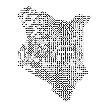 Abstract schematic map of Kenya from the black printed board, chip and radio component. Computer electronics processor motherboard. Vector illustration.