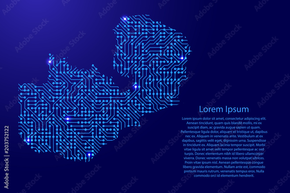 Fototapete map zambia from printed board, chip and radio component with blue star space on the contour for bann