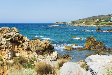 Summer trip to the island of Crete, Greece. Rocky and stony coast.
