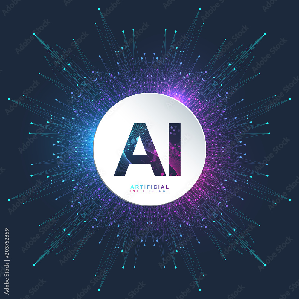 Poster Artificial Intelligence Logo. Artificial Intelligence and Machine Learning Concept. Vector symbol AI. Neural networks and another modern technologies concepts. Technology sci-fi concept