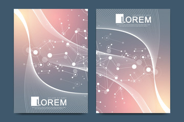 Modern vector template for brochure, Leaflet, flyer, advert, cover, catalog, magazine or annual report. Business, science, medical design. Scientific cybernetic dots. Lines plexus. Card surface