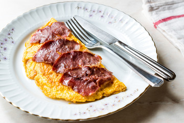Turkish Pastirma or Pastrami with Omelette / Omlet for Breakfast.