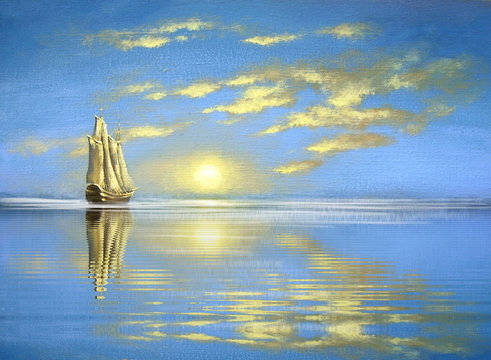 Oil paintings sea landscape, ships, boats.Fine art.