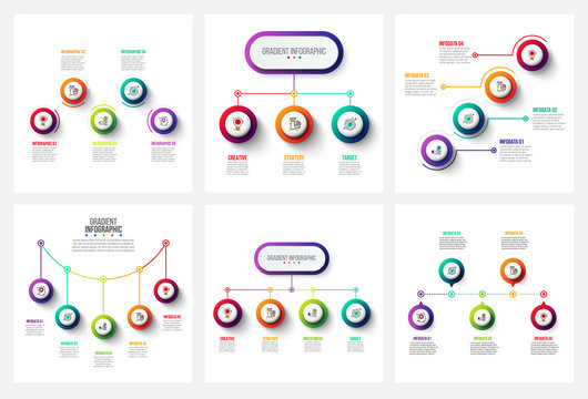 Vector gradient infographic and marketing elements. Can be used for presentation, diagrams, annual report, web design. Business concept with 3, 4, 5 and 6 options, steps or processes.