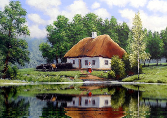 The art. Oil paintings landscape, rural, house. Fine art. - 203752786