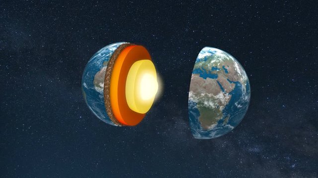 Core of the Earth with inner geological structure and layers of the planet in 3d animation.