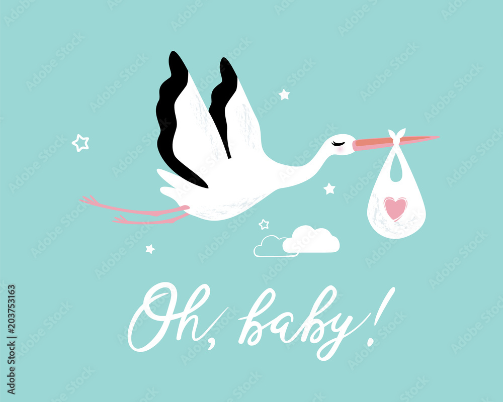 Wall mural vector illustration of a baby shower invitation with stork