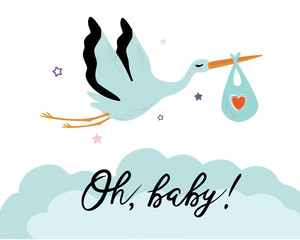 Vector illustration of a baby shower Invitation with stork