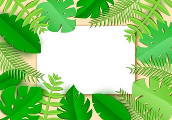 Jungle leaves in art paper style with white sheet with place for promotoin text. Spa salon card template. Exotic tropical jungle rainforest bright green palm monstera leaves border frame.