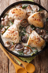 Stewed chicken breast with wild mushroom sauce and spinach closeup on a plate. Vertical top view