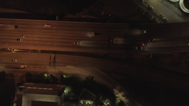 Aerial view of cars on freeway at night