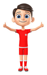 Footballer boy in red uniform shows two thumbs up on white background. 3d render illustration.
