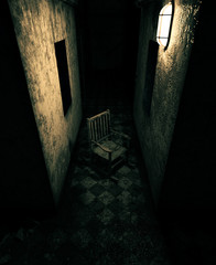 3d rendering of an old chair in haunted house or asylum