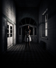 3d rendering of a woman is trying to survive in haunted house