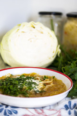 Ukrainian traditional soup with cabbage and meat (kapusnyak)