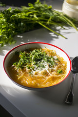 Ukrainian traditional soup with cabbage and meat (kapusnyak)