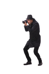 Fototapeta na wymiar Spy with camera taking pictures isolated on white