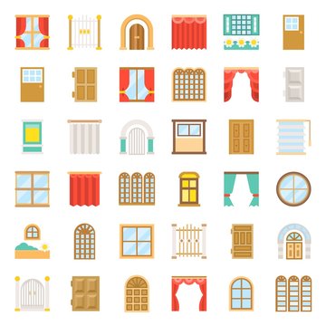 Modern and vintage Door and window icon set, flat design