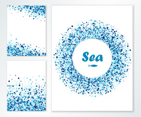 Banners set of three greeting card with navy blue confetti on white. Vector flyer design templates. Sea design. Confetti circles. All layered and isolated