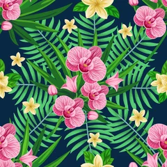 Tuinposter Vector seamless tropical pattern with palm leaves and flowers on dark blue background. Colourful floral illustration for textile, print, wallpapers, wrapping. © Irina