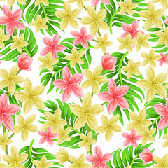 Vector seamless tropical pattern with palm leaves and plumeria flowers on light background.  Floral illustration for textile, print, wallpapers, wrapping.
