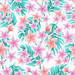 Vector seamless tropical pattern with palm leaves and plumeria flowers on light background.  Floral illustration for textile, print, wallpapers, wrapping.