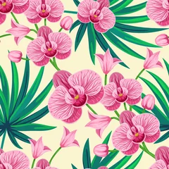 No drill blackout roller blinds Orchidee Vector seamless tropical pattern with palm leaves and orchid flowers on light yellow background.  Floral illustration for textile, print, wallpapers, wrapping.