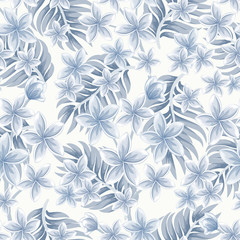 Monochrome seamless tropical pattern with palm leaves and plumeria flowers on light background.  Vector illustration for textile, print, wallpapers, wrapping.