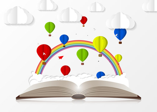 Open book with hot air balloons. Paper style. Vector