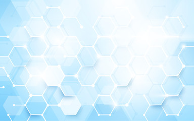 Abstract blue hexagons shape and lines with science concept background