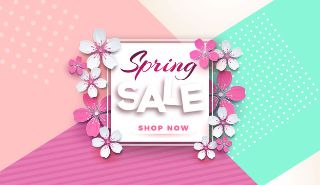 Spring sale floral banner with paper cut blossoming pink cherry flowers on a stylish geometric background for seasonal banner design, flyer, poster, website.