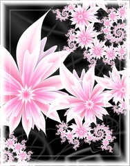 Digital fractal 3D design.Flower spiral of pink flowers on black background.
