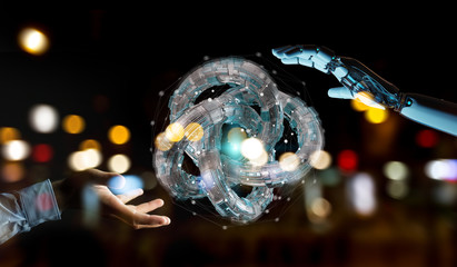 White robot hand creating future technology structure 3D rendering