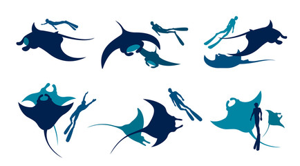 Silhouette of mantas and freedivers. Vector collection.